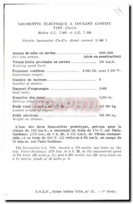 Elektrische locomotief C.C. 7001 — Serie C.C. 7000 — S.N.C.F. — Notre Métier 1950 nr. 27 — Achterkant