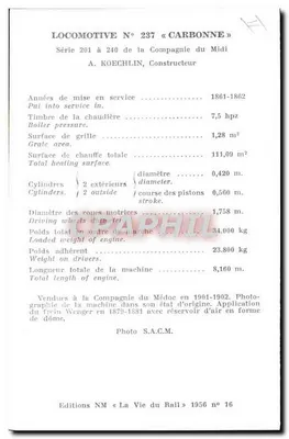Lokomotywa N°237 « Carbonne » — seria 201 do 240 Compagnie du Midi — wydawnictwo NM « La Vie du Rail » 1956 n°16 — Rewers