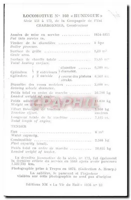 Locomotywa nr 160 «Huningue» — seria 158 do 173, Compagnie de l'Est — Wydawnictwo NM «La Vie du Rail» nr 23 — Rewers