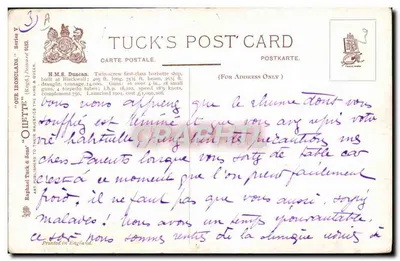 H.M.S. DUNCAN — Navio de guerra britânico — Tuck's Post Card, série V — Verso