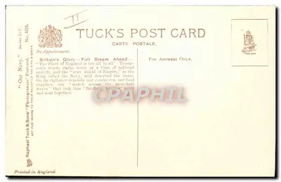 Britannia's Glory — Full Steam Ahead — Tuck's Post Card, série XIV — Verso