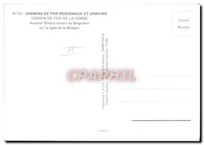 Autorail Billard procedente de Belgodere — sobre la línea de la Balagne — Ferrocarriles Regionales y Urbanos, n°01 — Reverso
