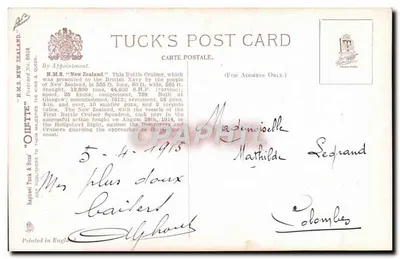 H.M.S. New Zealand — Couraçado de Batalha — Cartão Postal Tuck No. 8624 — Verso
