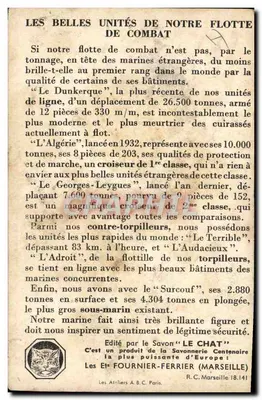 Frota de combate francesa — Cruisers, encouraçados, submarinos — Editado por LE CHAT, Marselha — Verso
