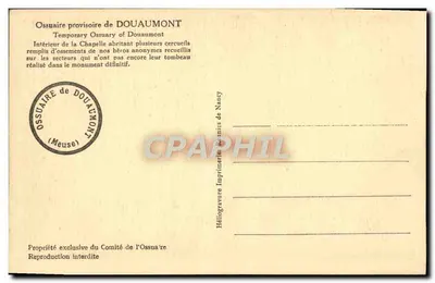 Tymczasowe grobowce w Douaumont — Wnętrze kaplicy z kilkoma trzodami — Héliogravure Imprimerie de Nancy — Rewers