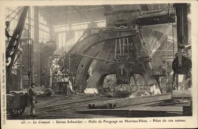 Bilhete postal antigo Le Creusot Usinas Schneider Sala de forja com martelo pilão Pilão de 100 toneladas