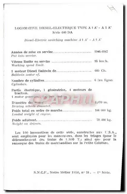 Locomotive diesel-électrique type A 1'A' — Série 040 DA — S.N.C.F., Notre Métier 1950, n° 24 — 1ère Série — Rewers