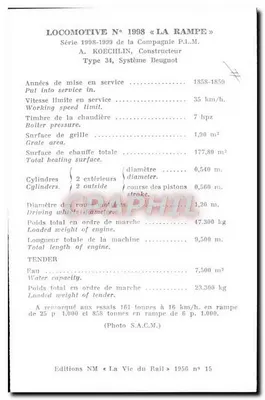 Locomotywa nr 1998 « La Rampe » — seria 1998-1999 — A. Koechlin, typ 34, system Beugnot — Wydawnictwo NM « La Vie du Rail » nr 15 — Rewers