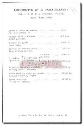 Lokomotywa N°50 « Gravelines » — seria 17 do 50 Compagnie du Nord — typ Clapeyron — wydanie NM « La Vie du Rail » n°19 — Rewers