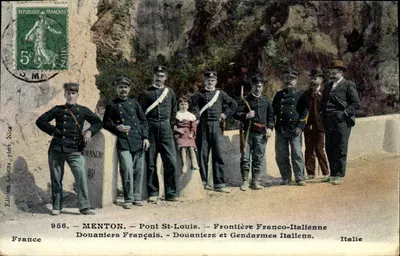 Menton - Pont St-Louis — Frontière Franco-Italienne, douaniers français et gendarmes italiens — Édition Glietta, Nice, n° 956