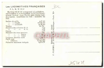 Francuska lokomotywa P.L.M. N° E 67 — Maszyna 231 F 141 złożona z 4 cylindrów — Wydawnictwo F. Fleury — Rewers
