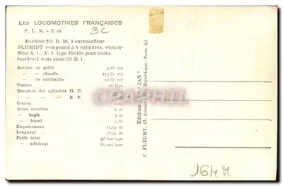 Lokomotywa 231 D.50 — zespół czterocylindrowy Schmidt z grzejnikiem A. F. 1 typu Pacific — Éditions F. Fleury, Paryż — Rewers