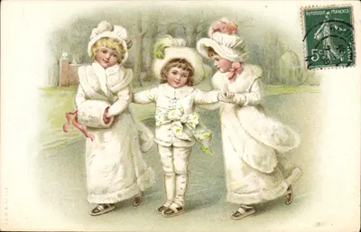 Kinderen in winterkleding die schaatsen — A.&M. BASTO7 — Uitgever A.&M. Basto7