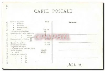 Locomotiva B 180 — Série 111 à 400 — F. F. Paris — Verso