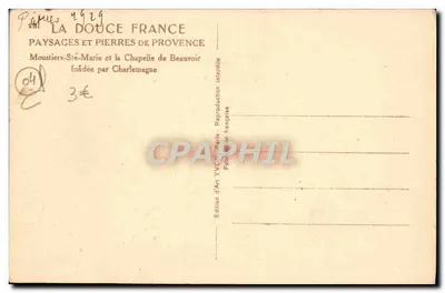 Moustiers-Sainte-Marie — Kerk van Beauvoir — Artistieke uitgave YVCON, Parijs — Achterkant