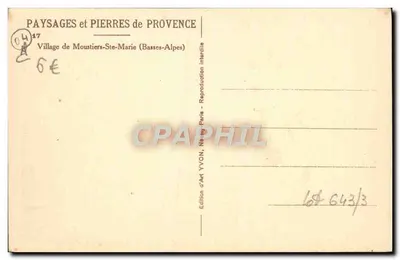 Vila de Moustiers-St-Marie (Basses-Alpes) — Paisagens e Pedras da Provença — Edição de Arte YVON, Paris — Verso