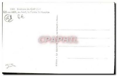 Arredores de CAP D'AIL — ÉZE-sur-MER no fundo, a Ponta St-Hospice — Edição La Cigogne, rua Grimaldi — Monaco — Verso