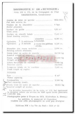 Locomotiva N° 160 « Huningue » — Série 158 a 173, Compagnie de l'Est — Edições NM « La Vie du Rail » n° 23 — Verso