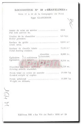 Locomotiva N°50 « Gravelines » — Série 17 à 50 da Companhia do Norte — Tipo Clapeyron — Edições NM « La Vie du Rail » 1956 n°19 — Verso