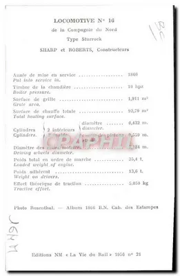 Locomotiva N° 16 — Compagnia del Nord — Tipo Sturrock — Sharp e Roberts — Album 1866 B.N. Cah. des Estampes — Verso