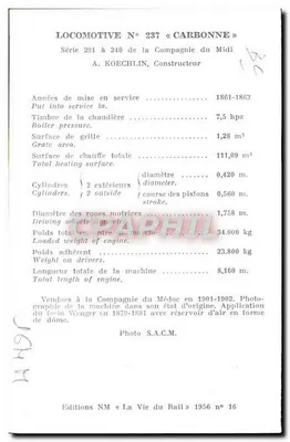 Locomotiva N°237 « Carbonne » — Série 201 a 240 da Compagnie du Midi — Edições NM « La Vie du Rail » 1956 n°16 — Verso