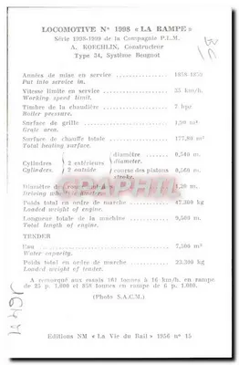 Locomotiva n° 1998 « La Rampe » — Série 1908-1909 — Éditions NM « La Vie du Rail » n°15 — Verso