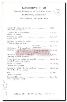 Locomotiva n° 501 — Sistema Engerth da Cie P.L.M. (tipo 27) — Edições NM « La Vie du Rail » n° 17 — Verso