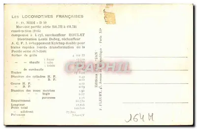 Dampflokomotive Pacific Serie 231.722 bis 231.731 — F. (I.) MIDI — Editions F. FLEURY, Paris — Rückseite