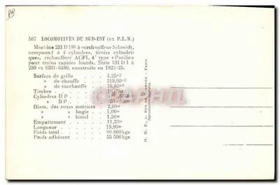 Locomotiva 231 D 186 — série 231 D — H. M. F. RUMON - PARIS — Verso