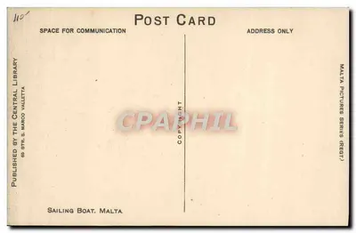 Embarcação a vela — Malta — editor: Central Library, Str. S. Marco, Valletta — n° de série: 110 — Verso