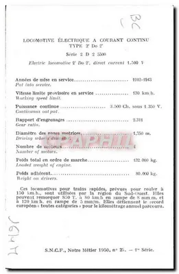 Locomotiva elétrica Tipo 2'Do'2' — Série 2 D 5500 — S.N.C.F., Notre Métier 1950, n° 25 — Verso