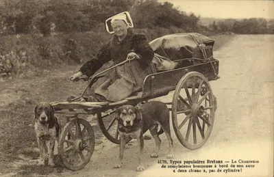 Popular Breton Types — The Singer on Board Her Car « Two Dogs », No Cylinder!