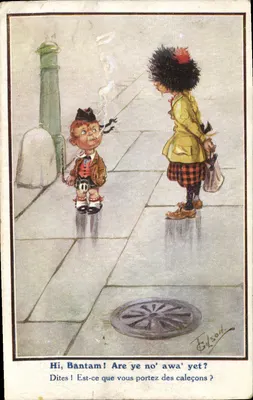 Dziecko i kobieta w stroju szkockim — humorystyczna karikatura — Gilson, seria 718