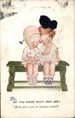 Duas pequenas meninas em um banco — Mabel Lucie Attwell — série 'Valentine's' n°33