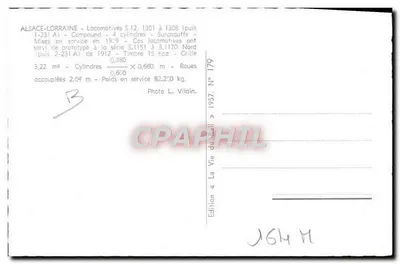 Alsazia-Lorena — Locomotive S 12, 1308 (peso 82,20 kg) — Edizione « La Vie du Rail » N° 179 — Verso