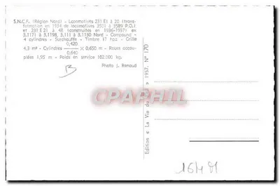 Locomotiva 231 E1 à 20 — S.N.C.F. (Região Norte) — Edição « La Vie du Rail » N° 170 — Verso