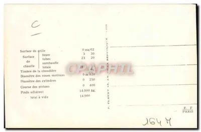 Locomotiva francesa C 159 bis — Máquina-tender N° 0208, com 2 eixos acoplados — Editor F. Fleury, Paris — Verso