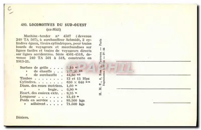 Locomotiva n° 4507 — Máquina-tendente — H.M.P. Paris — Verso