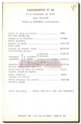 Locomotora N° 16 — Tipo Sturrock — Compagnie du Nord — Edición « La Vie du Rail » n° 95 — Reverso
