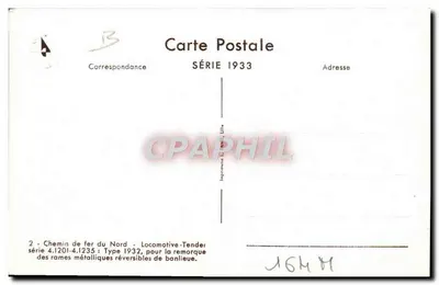 Locomotiva-Tender série 4.1201-4.1235 — Tipo 1932 — Chemin de fer du Nord — Impressão L. Lévy, Lille — Série 1933 — Verso