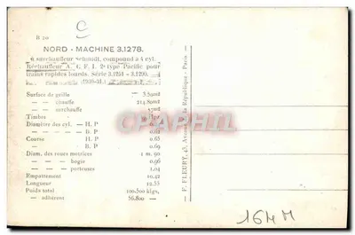 Locomotiva a vapor Norte - Máquina 3.1278 — Série 3.1251-3.1290 — F. Fleury, Paris — Verso