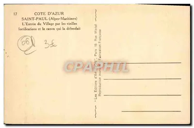 Saint-Paul (Alpes-Maritimes) — Wejście do wsi przez stare forteczne umocnienia i kanon, który je bronił — Wydawnictwo Sztuki 'CON', Paryż — Rewers