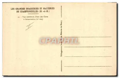 Wielkie Browary i Spółki Malerskie w Champigneulles (M.-et-M.) — Wewnętrzny widok piwnicy fermentacyjnej — Héliogravure Imprimeries Réunies de Nancy — Rewers