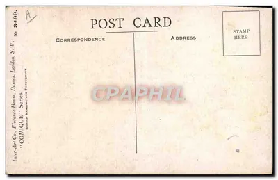 Caricatura de homem sorridente — 'Smile pleasantly—damn you cheer up!' — Inter-Art Co., 'COMIQUE' Série, No 3499 — Verso
