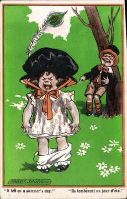 Criança chorando — com uma figura escondida atrás de uma árvore — desenho de Fredy Spurgin — série Kiddoo, Inter-Art Co.