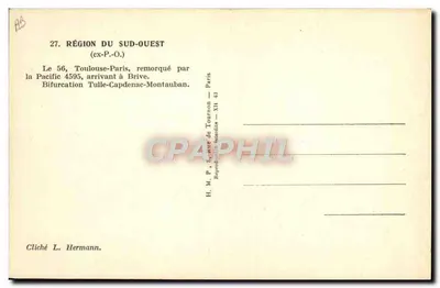 Trem a vapor — Toulouse-Paris puxado pela Pacific 4595 — Bifurcação Tulle-Capdenac-Montauban — H.M.P. Região Sudeste-Oeste — Verso
