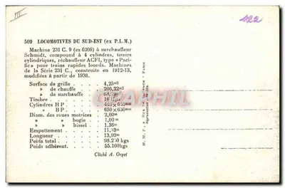 Locomotywa 231 C.9 (ex 6208) — Sud-Est — H.M.P. RUE DE PARIS - PARIS — Rewers