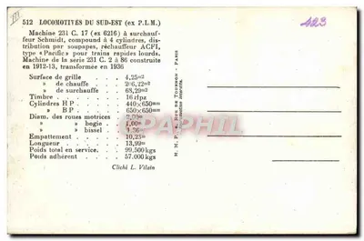 Locomotiva 231 C.17 — ex 6216 — H.M.P. Rue de Tournon, Paris — Verso