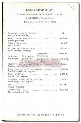 Locomotiva n° 501 — Sistema Engerth da Cie P.L.M. (tipo 27) — Schneider, Construtor — Edições NM «La Vie du Rail» 1952 n° 91 — Verso