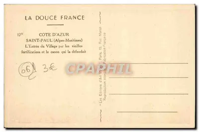 Saint-Paul (Alpes-Maritimes) — Entrada do vilarejo pelas antigas fortificações e o canhão que a defendia — Les Éditions d'Art Martial, Paris — Verso